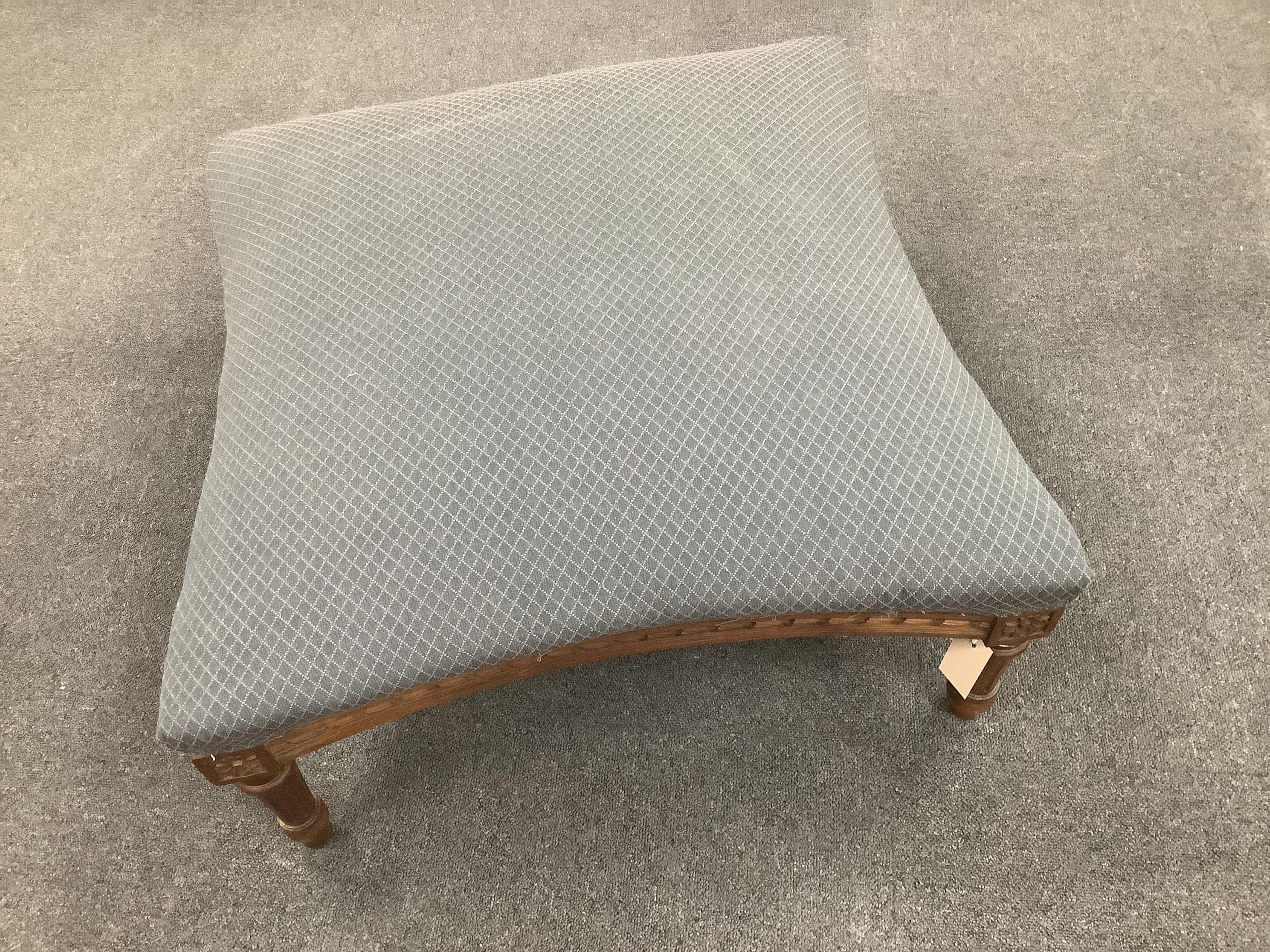 A French Louis XVI style upholstered stool, width 69cm, height 37cm. Condition - fair